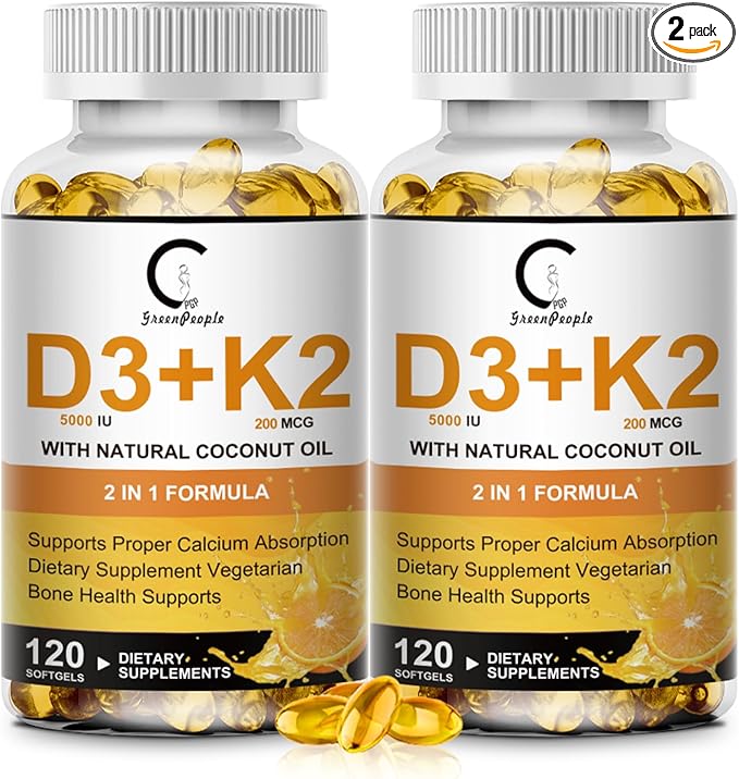 Vitamin D3 K2 Supplement with Vitamin D3 5000 IU 200 mcg Vitamin K2 MK-7 &amp Natural Coconut Oil Plant Based 2-1 Formula for Bone Teeth Muscle and Immune Health Support (120 Count (Pack of 2))