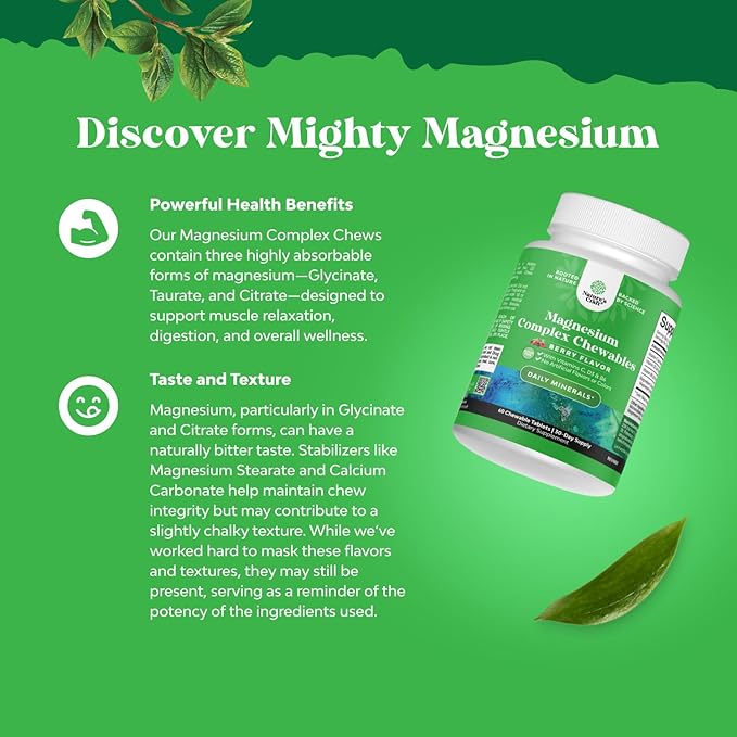 Sugar Free Magnesium Glycinate Chewable - Chewable Magnesium for Adults &amp Kids with Glycinate Taurate &amp Citrate Complex Plus Vitamins D3 B6 &amp C - Vegetarian Non-GMO &amp No Artificial Fla