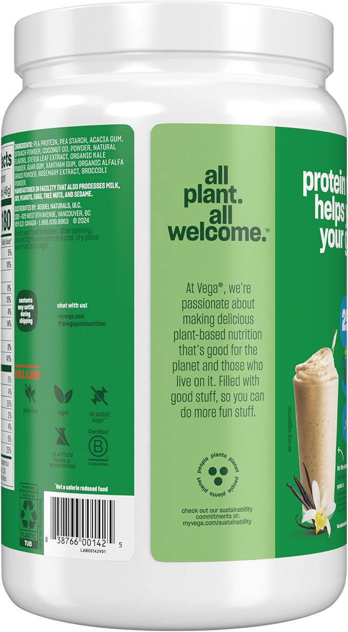 Vega Protein and Greens Protein Powder Vanilla - 20g Plant Based Protein Plus Veggies Vegan Non GMO Pea Protein for Women and Men 1.3 lbs