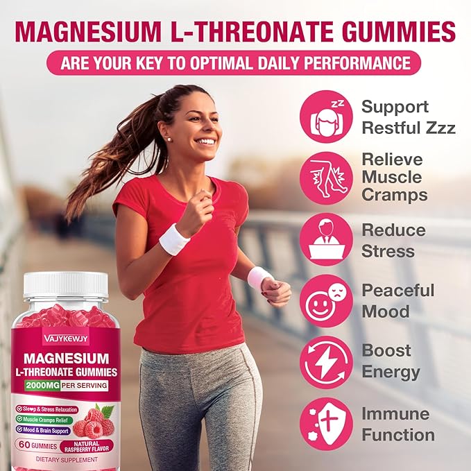 2 Pack Magnesium L-Threonate Gummies - 2000mg for Brain Muscle &amp Nervous System Support. Sugar-Free Raspberry Flavor 120 Count for Kids &amp Adults