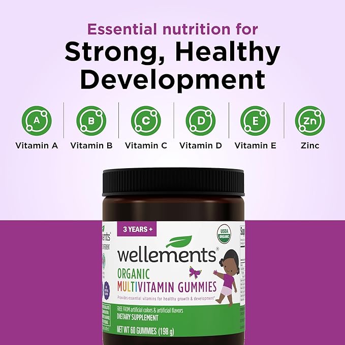 Wellements USDA Organic Kids Multivitamin Gummies 60 Ct (3+ Years) | Essential Kids Vitamins A B C D E &amp Zinc | Supports Healthy Growth &amp Development* | Non-GMO No Gluten &amp No Artific