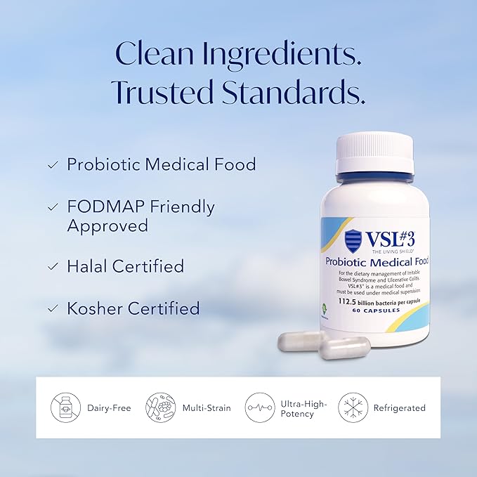 VSL#3® Probiotics for Digestive Health IBS &amp UC Symptoms - 112.5B CFUs High-Potency Multi-Strain Live Refrigerated Probiotic Medical Food for Gut Health Support in Men &amp Women 60 Capsul