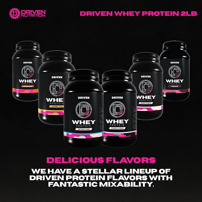 Driven WHEY- Whey Protein Powder: Delicious Clean Protein Shake- Improve Muscle Recovery with 23 Grams of Protein with Added BCAA and Digestive Enzymes (2lb Cookies &amp Cream)