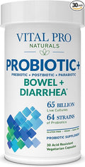 Vital Pro Naturals - Bowel and Diarrhea Probiotics + Prebiotics Postbiotics Parabiotics Health Supplement for Adults High Potency with 65 Billion CFU 64 Strains Supports Intestinal Health 30 ct