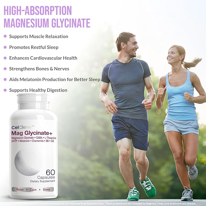 Magnesium Glycinate+ Supports Stress Relief Sleep Heart Health Nerves Muscles and Metabolism with Magnesium Glycinate GABA L-Theanine 5-HTP Melatonin Vitamin B6 and Vitamin D3