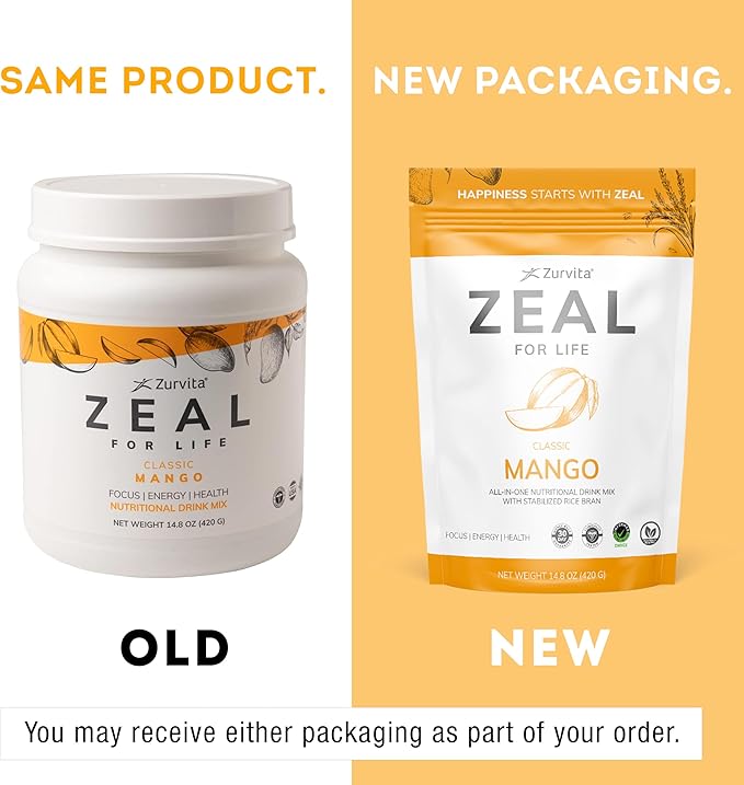 Zurvita Zeal for Life Wellness Drink Mix - Mango Flavor - Gluten-Free Vegan with Biotin Vitamins B12 C D E Iron Magnesium - 30 Servings (420g)
