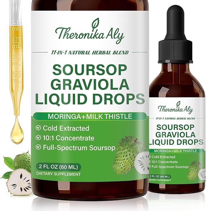 Soursop Bitters Liquid Drops 11-in-1 Herbal Blend with Soursop Extract Sea Moss Moringa Turmeric Black Cumin &amp Milk Thistle Soursop Drops for Daily Wellness 2 Fl Oz