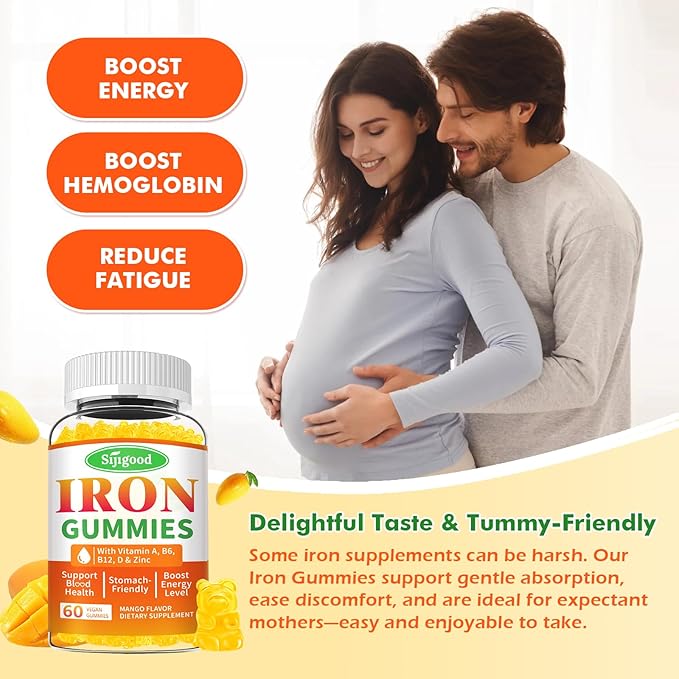 2 Pack Iron Gummies for Women &amp Men - Vegan Iron Supplement for Anemia &amp Iron Deficiency with Vitamin B12 Vitamin C Zinc Folate - Energy Boost Sugar-Free Mango Flavor 120 Count