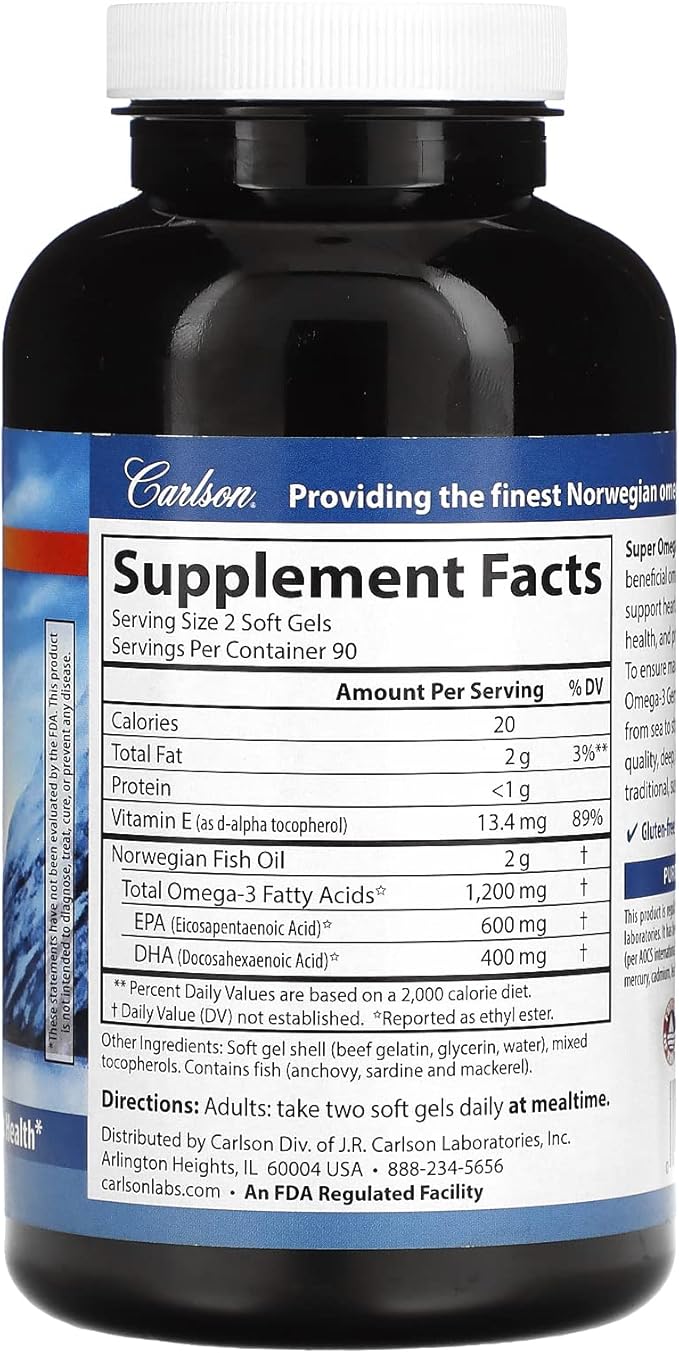 Carlson - Super Omega-3 Gems 1200 mg Omega-3s Cardiovascular Support Brain Function &amp Vision Health 180 soft gels
