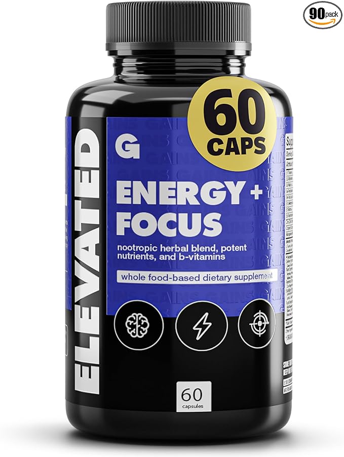 Gains in Bulk Elevated Nootropic Herbal Energy Supplements with Ginkgo Biloba B Vitamins DMAE Clean Energy &amp Focus Supplement Supports Digestive Health Cognitive Brain Health Vegan 60 Capsu