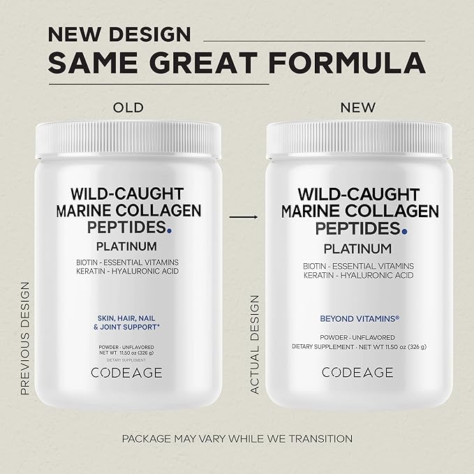 Codeage Marine Collagen Protein Powder Supplement Platinum - Biotin 10000 mcg Vitamin C D3 &amp B6 Keratin Hyaluronic Acid Niacin Wild Caught Hydrolyzed Fish Collagen Peptides - Non-GMO - 11.5