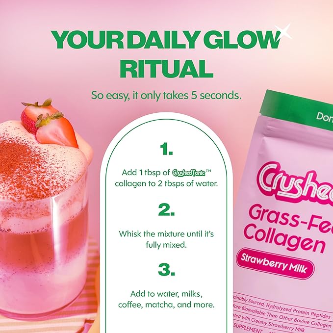 Crushed Tonic Korean Beauty Collagen Powder | Hydrolyzed Bovine Collagen Peptides for Skin Hair &amp Nails | K-Beauty Drink | Gluten-Free Halal &amp Kosher (Strawberry Soda 30 Servings (150 g) P