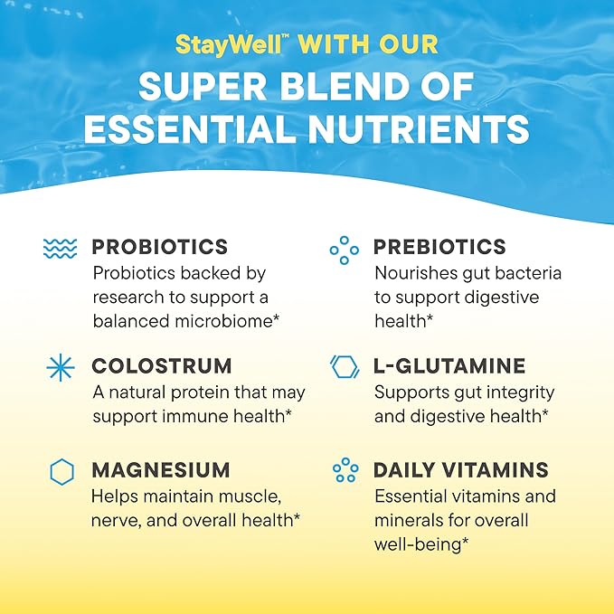 Daily Nouri StayWell Gut Health Drink Mix | Digestive &amp Immune Support Powder | Colostrum + L-Glutamine + Probiotics | Lemonade | 60 Stick Packs