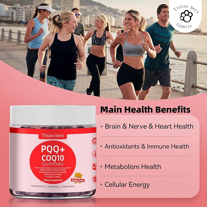 PQQ Gummies Supplement 40mg CoQ10 Gummies 100mg for Adults Two Ways Support Cellular Energy &amp Brain Nerve Heart Immune Health Antioxidant Non GMO Gluten Free Vegan Sugar Free Grape 120