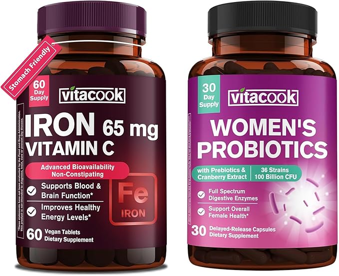 Iron Supplement for Women Men High Potency Iron 65mg with Vitamin C 250mg + Women's Probiotics 100 Billion CFU 36 Strains with Prebiotics &amp Digestive Enzymes