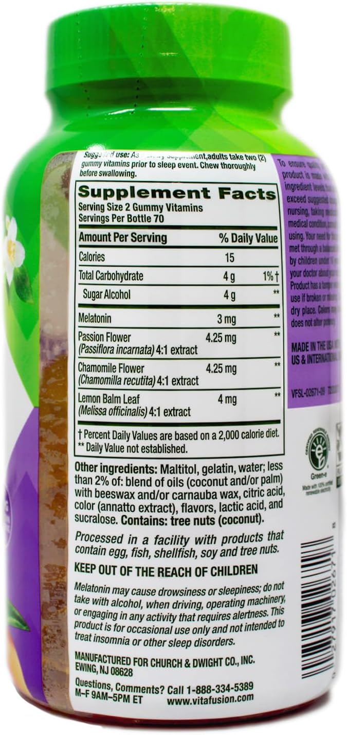 Vitafusion 3 mg Melatonin Gummy Supplement Awake Refreshed Sleep Support &amp Jet Lag Aid Sugar-Free Dietary Supplement Natural White Tea &amp Peach Flavors 140 Count (Pack of 2)