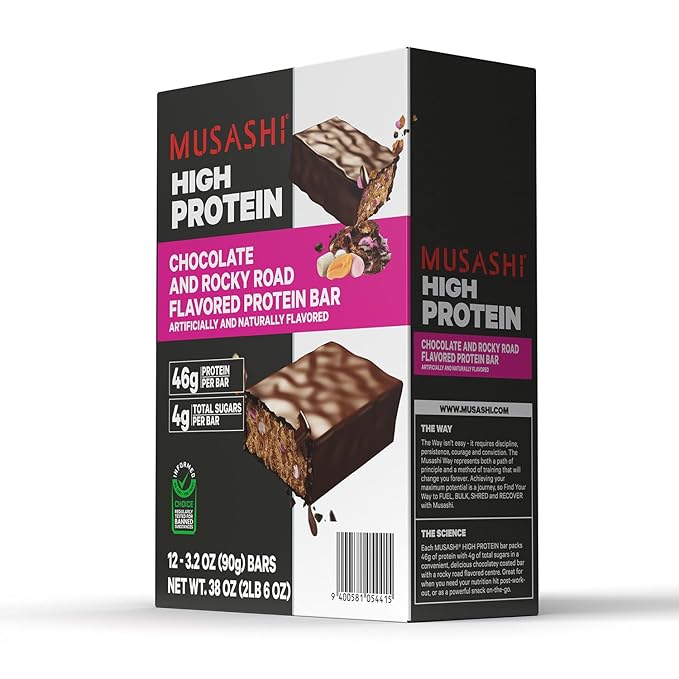 MUSASHI High Protein Bar 45g Protein 2g Total Sugars Rocky Road Post Workout and Protein Snack On The Go 12 Pack of 3.2oz (90g) Bars