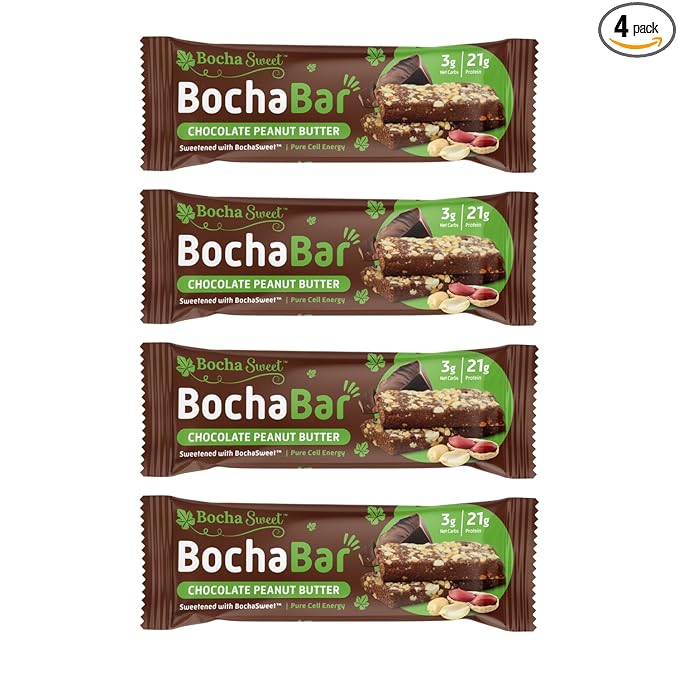BochaSweet Keto Protein Bar Chocolate Peanut Butter BochaBar 21g Grass Fed Collagen Low Carb Keto-Friendly Gluten Free 4 Count