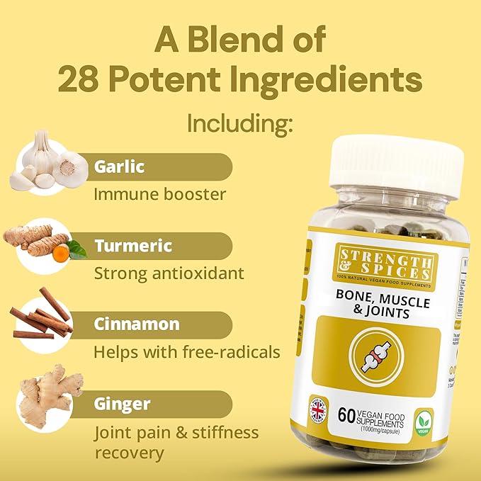 Strength &amp Spices Bone Muscle &amp Joints 100% Natural Supplement – 28 Ingredients w Turmeric - 60 Vegan UK Made 1000mg Capsules – Mobility and Flexibility Support