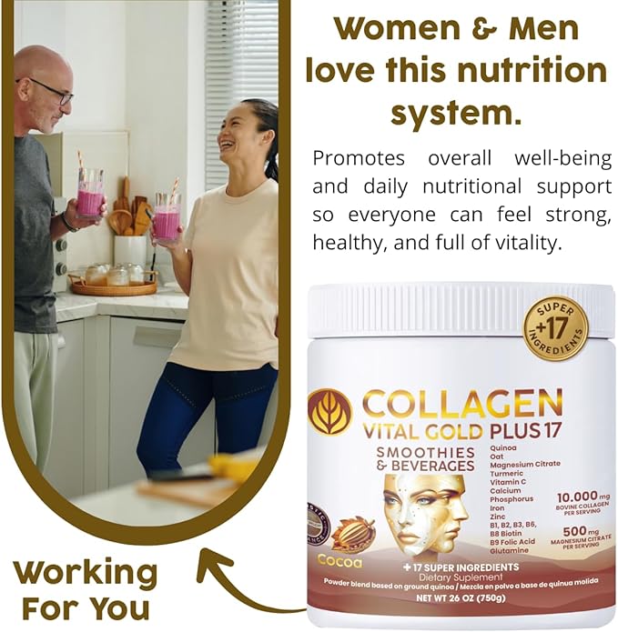 Vital Life Collagen Peptides Powder +17 Super Ingredients 1.6 lb (Pack of 6) Cocoa Flavor Supports Hair Skin Nails Bones Joints &amp Digestive Health Collagen for Women &amp Men.