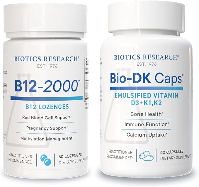 Biotics Research B12-2000™ Lozenges &amp Bio-DK Caps™ – High Potency Vitamin B12 B6 Folate Vitamin D3 K1 &amp MK7 – Methylation Bone &amp Heart Health Immune Support- 60 Lozenges + 60 Caps
