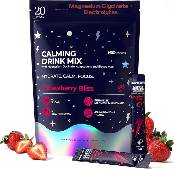 H2O Capsule Calm Magnesium Glycinate Powdered Drink Mix with Electrolytes – Sugar Free Ashwagandha L-Theanine B6 &amp GABA – 60 Servings (20 Lemon 20 Strawberry 20 Raspberry)