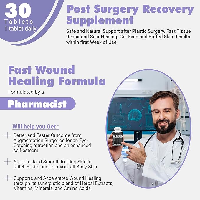 Speedy Recovery Pills Post-OP Recovery Supplement Scar Support Vitamins Promotes Collagen and Fast Wound Healing Specially Formulated for Post op Cosmetic Surgeries 30 Tablets