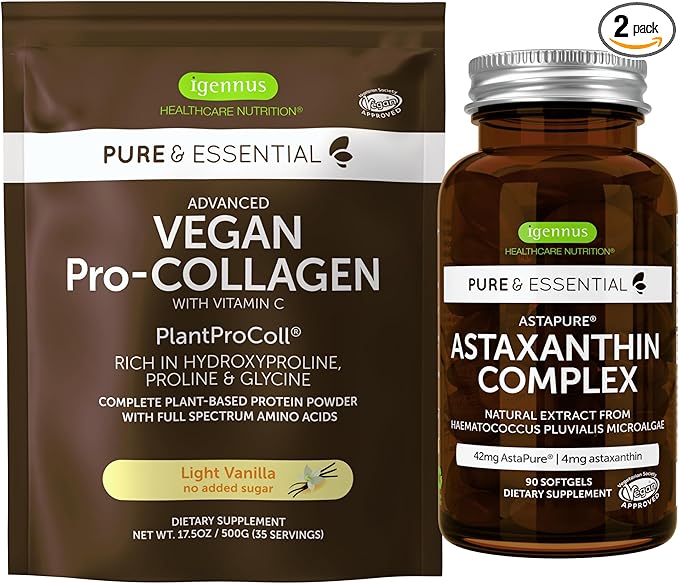 Vegan Vanilla Collagen Protein Powder + Astaxanthin Complex Vegan Bundle Collagen Boosting Formula + Natural 4mg H. Pluvialis Astaxanthin for Hair Skin &amp Nails by Igennus