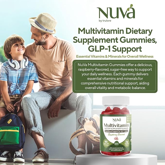 NuVa GLP-1 Support Multivitamin Gummies for Men &amp Women: Raspberry Sugar-Free 3g Fiber for Digestion &amp Gut Health Vitamins &amp Minerals for Metabolic Balance Gluten-Free 60 Gummies - 30
