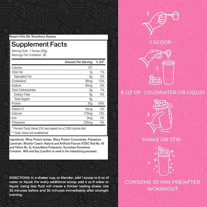 Max Muscle Maxpro Elite Whey Protein Powder | 30g Protein | 0g Sugar | 6.6g BCAAs | Micellar Casein Cold Filtered Whey Isolate Protein | Promotes Muscle Growth &amp Recovery (Strawberry Banana 2lb)