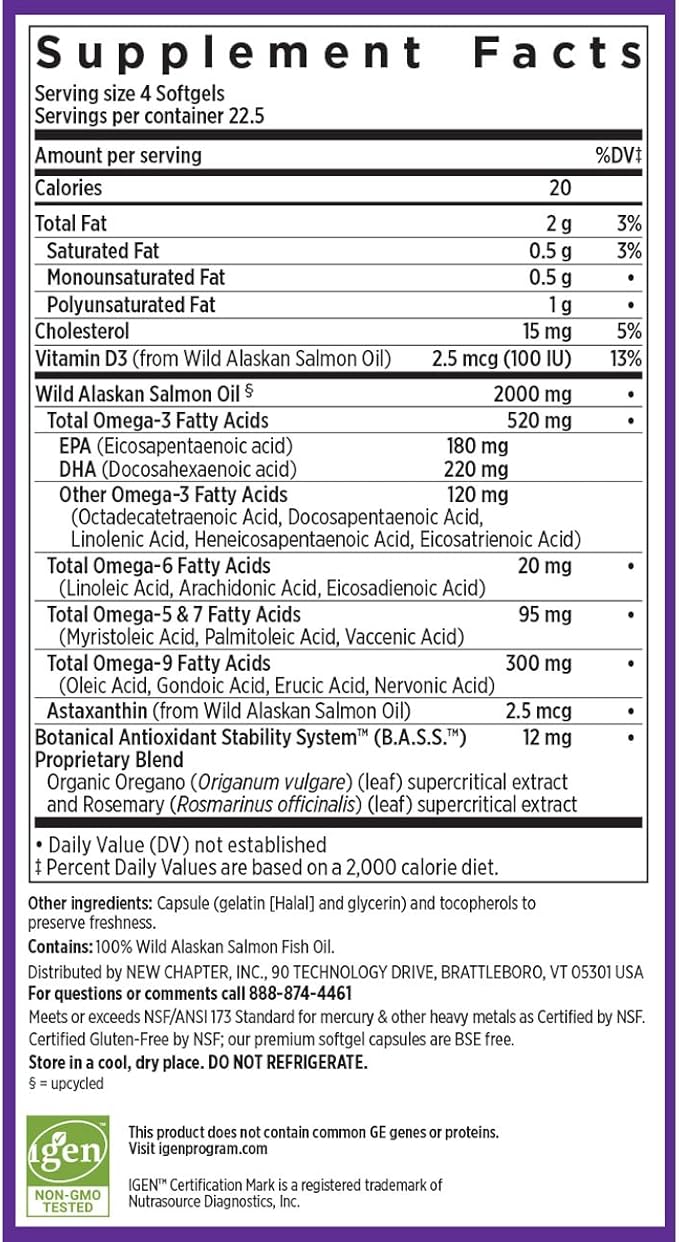 New Chapter Wholemega Fish Oil Supplement Tiny Capsules 2000mg per Serving Clinically Proven Wild Alaskan Salmon Oil with Omega-3 + Vitamin D3 + Astaxanthin 500mg Each - 90 Count