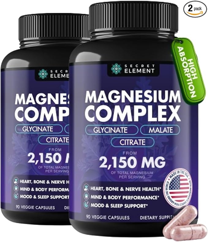 Magnesium Complex 2150MG High Absorption Capsules with Magnesium Glycinate Citrate &amp Malate Plus Vitamin B6 B2 Folate &amp Beet Root Vegan Non-GMO No Artificial Additives 90 Capsules P