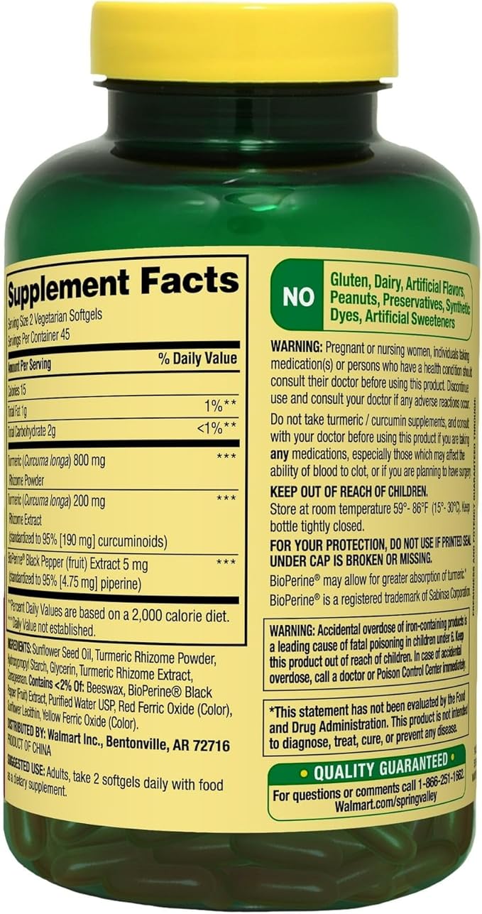 Spring Valley Turmeric Curcumin 1000 mg- Complex Extra Strength 90 softgels (Pack of 1) Set by Basket Goods