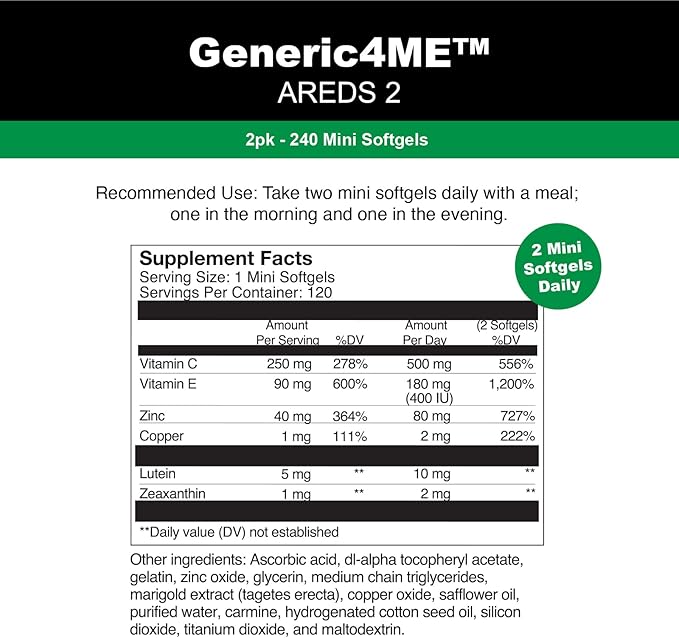AREDS 2 SoftGels 500 mg Vitamin C 400 IU Vitamin E 10 mg Lutein 2 mg Zeaxanthin 80 mg Zinc 2 mg Copper - Supports Eye Health - 240 Mini SoftGels (Four Month Supply)