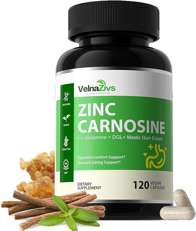 Zinc Carnosine Supplement with DGL Mastic Gum &amp L-Glutamine | for Stomach Lining Support | Gut Comfort and Digestive Health Support