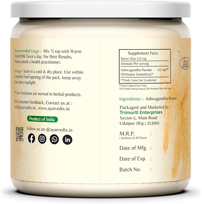 Organic Ashwagandha Root Powder | 5.29oz Reusable Jar | 100% Raw from India | Withania Somnifera - Ayurvedic Herbal Supplement Powder