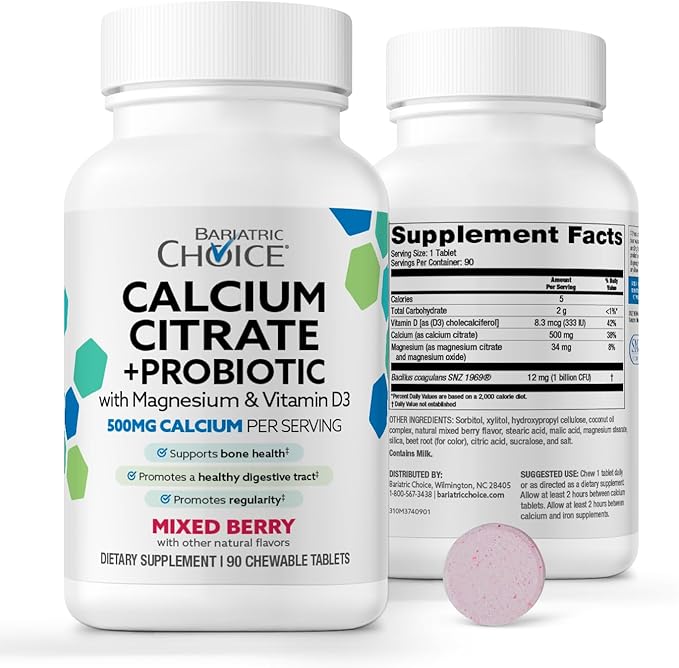 Bariatric Choice Chewable Calcium Citrate 500mg with Vitamin D3 Magnesium &amp Probiotics for Bariatric Surgery Patients Including Gastric Bypass &amp Sleeve Gastrectomy Sugar-Free -Berry Flavor