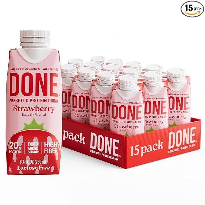 Done Prebiotic Protein Drink Strawberry 20G Whey Protein High Fiber Protein Shake With Prebiotics Gluten Free Lactose Free No Added Sugar Natural Flavor Non GMO 8.4 FL Oz Each 15 Pack