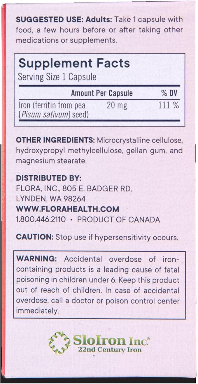 Flora Ferritin+ Delayed-Release Iron Supplement - Plant-Based Iron Supplement - Blood Cell &amp Energy Support - Vegan &amp Gluten-Free - Amber Glass Bottle - 60 Vegan Capsules