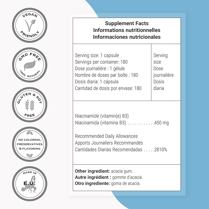 Supersmart - Niacinamide Supplement 2000mg per Day (Nicotinamide) - Flush Free Vitamin B3 Niacin | Non-GMO &amp Gluten Free - 180 Vegetarian Capsules