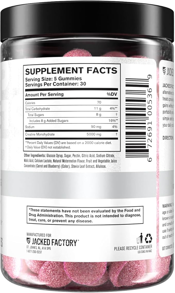 Jacked Factory Creatine Monohydrate Gummies 5g Daily Dose (1g per Gummy) - Creatine Gummy for Men and Women Vegan-Friendly Travel-Friendly Third-Party Tested - 150 Gummies Watermelon