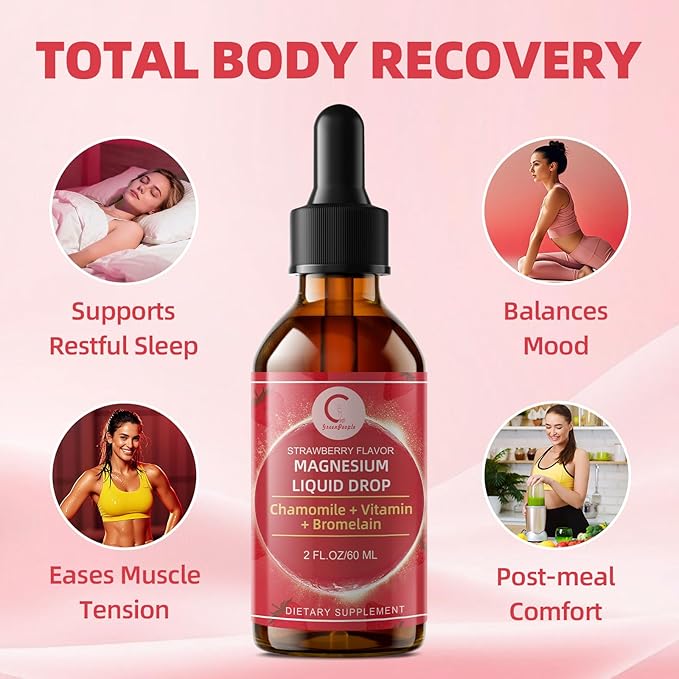 Magnesium Glycinate Liquid with Chamomile Hawthorn &amp Ginger for Stress Relief and Digestive Comfort Fast Absorption Non-GMO Vegan Formula Sugar Free Strawberry Flavor 2 Fl OZ