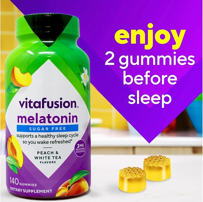 Vitafusion 3 mg Melatonin Gummy Supplement Awake Refreshed Sleep Support &amp Jet Lag Aid Sugar-Free Dietary Supplement Natural White Tea &amp Peach Flavors 140 Count (Pack of 2)