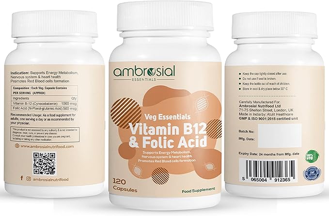 AMBROSIAL Vitamin B12 1000 mcg + 500 mcg Folic Acid Pack of 1-120 Capsules