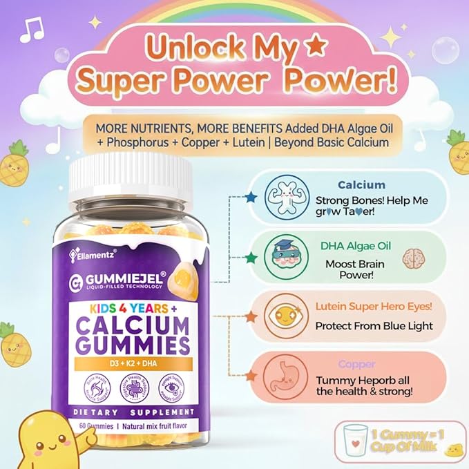 Sugar Free Kids Calcium Gummies (Ages 4-12) - 300mg Calcium Citrate w/Vitamin D3 K2 Magnesium - Algae DHA Lutein &amp Zeaxanthin for Strong Bones Eye &amp Brain Support - Gelatin Free - 60 Gummies