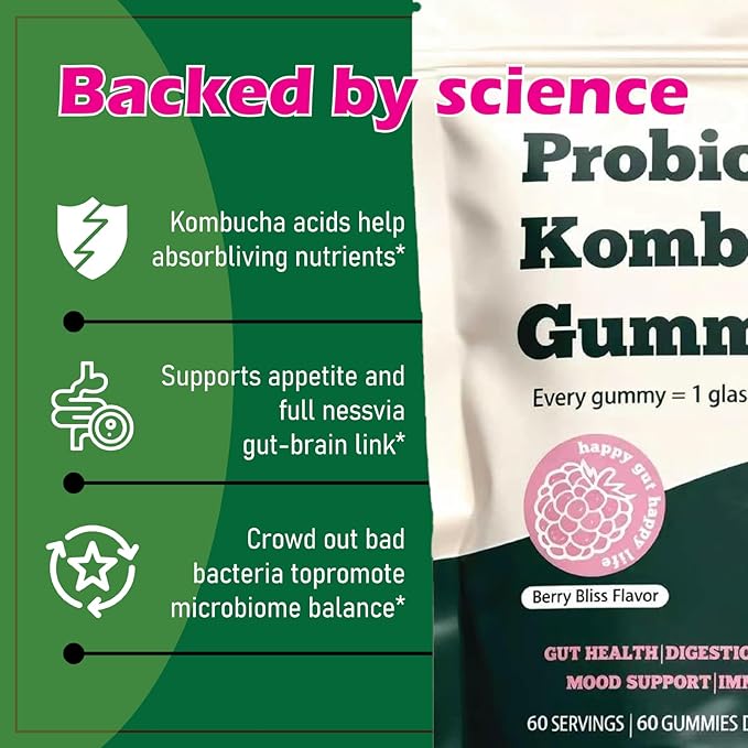 Probiotic Kombucha Gummy - Prebiotics + Probiotics + Postbiotics | Contains MCT Oil elm bark Dandelion Root and Fiber | Promotes Gut Health | 60 Capsules