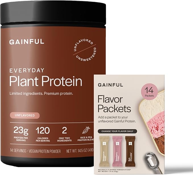 Gainful Everyday Plant Protein Powder &amp Neapolitan Flavor Bundle 23g Plant Protein Supports Strength Recovery and Balanced Nutrition Vegan Gut Friendly 14 Servings + 14 Flavor Sticks