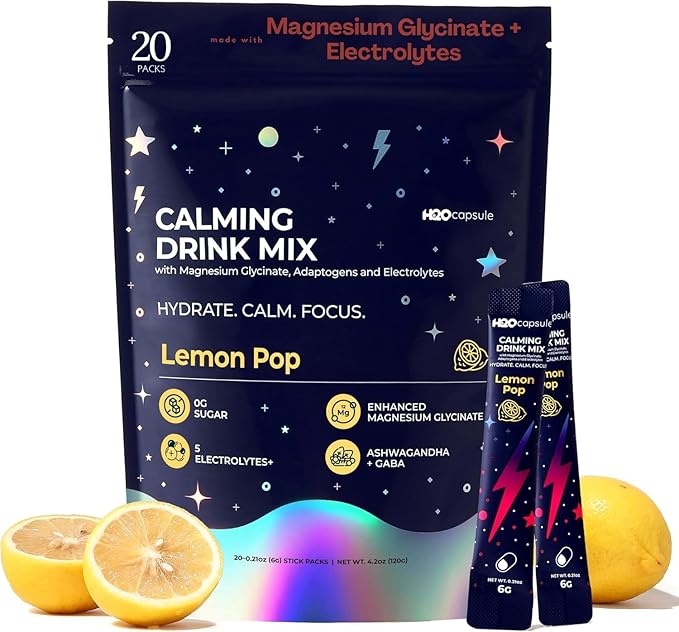 H2O Capsule Calm Magnesium Glycinate Powdered Drink Mix with Electrolytes – Sugar Free Ashwagandha L-Theanine B6 &amp GABA – 60 Servings (20 Lemon 20 Strawberry 20 Raspberry)