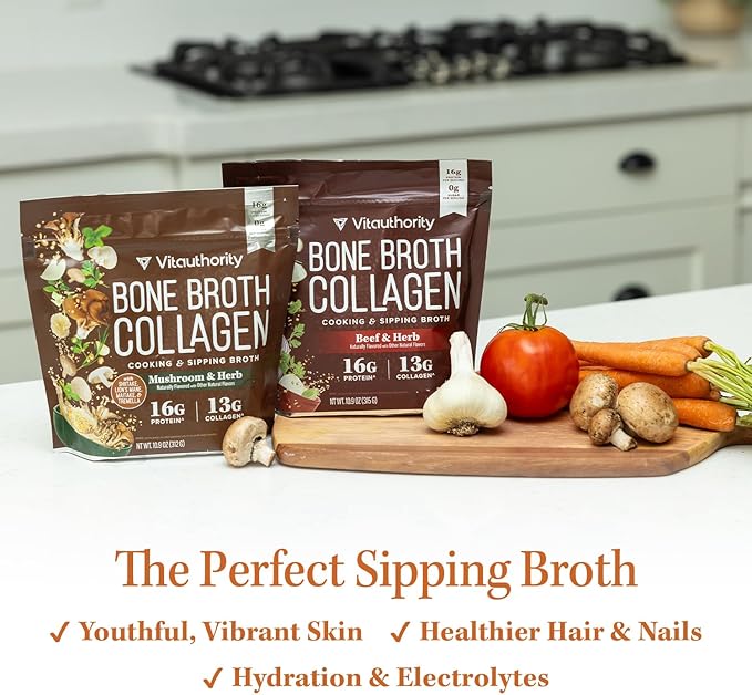 Bone Broth Collagen Powder 16g Collagen Protein per Serving Supports Joints Skin Nails &amp Gut Health Made from Real Beef Bone Broth Savory Collagen for Soups &amp Stews Mushrooms Herb Flavored 15
