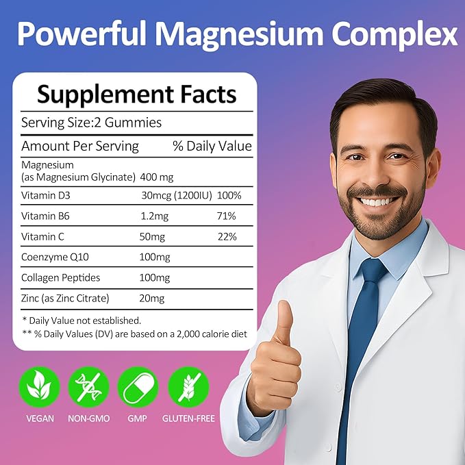 Magnesium Glycinate Gummies 400mg - Sugar Free Vegan Gummies for Adults &amp Kids with Vitamin D3 B6 C CoQ10 Collagen Zinc - Sleep Muscle Bone &amp Memory Support - 60 Raspberry Chewables / 2